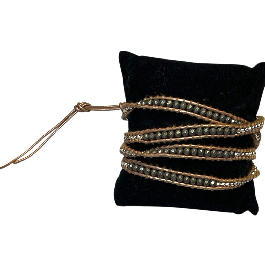 Lizou Western Boho Leather Wrap Bracelet Brown Burlap Silver Nugget Beads - New